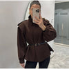 Women's Chic Waist-cinching Short Trench Coat Solid Long Sleeve Shoulder Pad Cropped Jackets Autumn Street Commute Outwear