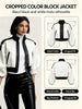 Women's PU Leather Stand Collar Y2K Jackets Puff Sleeves Patchwork Zipper Cropped Short Outerwears