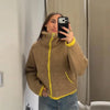 Casual Women's Knit Contrast Fleece Coats Stand Collar Zipper Pockets Full Sleeve Jackets Spring Lady Warm Outwear
