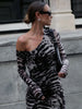 Patchwork Design Long Dress Women Autumn Inclined Shoulder Full Sleeve Skinny Stretch Wild Style Streetwear