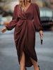 Women's Satin Evening Party Maxi Dress Draped Silk V-Neck Long Sleeve Office Lady Midi Dresses Vestidos Sexy Chic Robes Longue