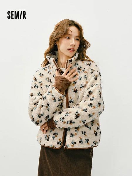 Jacket Women Winter Faux Lamb Wool Fleece Stand Collar Loose Patterned Retro Jacket Women'S Wear