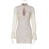 Turtleneck Long Flare Sleeve Patchwork Lace Hollow Out Button Sexy Mini Dress Spring Women Clothes Party Nightclub