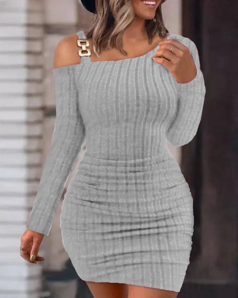 Women Knit Cold Shoulder Long Sleeve Bodycon Dress With Metal Buckle Detail Ruched Waist Slim Fit Mini Dress For Party Cl