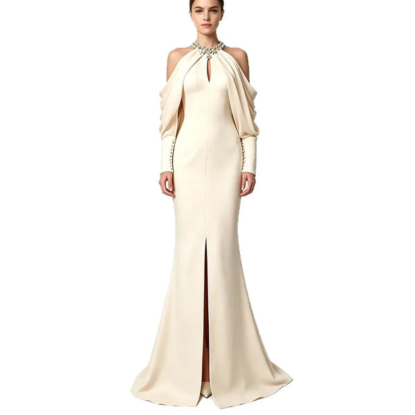 wedding socialite long dress, evening gown, women's dress, celebrity studded diamond long sleeve party dress