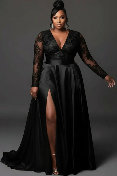 Plus Size Formal Evening Dress for Women's V Neck Long Sleeve Split See Through Lace Satin Elegant High Waist Maxi Dresses