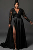 Plus Size Formal Evening Dress for Women's V Neck Long Sleeve Split See Through Lace Satin Elegant High Waist Maxi Dresses
