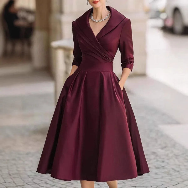 Women Wedding Guest Dress Turn Down Collar Pocket Mid-Length Evening Party Dress Cocktail Midi Swing Dresses SZE-ST25121