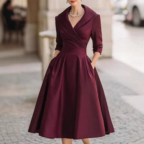 Women Wedding Guest Dress Turn Down Collar Pocket Mid-Length Evening Party Dress Cocktail Midi Swing Dresses SZE-ST25121