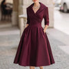 Women Wedding Guest Dress Turn Down Collar Pocket Mid-Length Evening Party Dress Cocktail Midi Swing Dresses SZE-ST25121