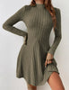 Women's Slim Fit Half High Collar Waist Cinched A-Line Skirt Long Sleeved Pit Stripe Dress