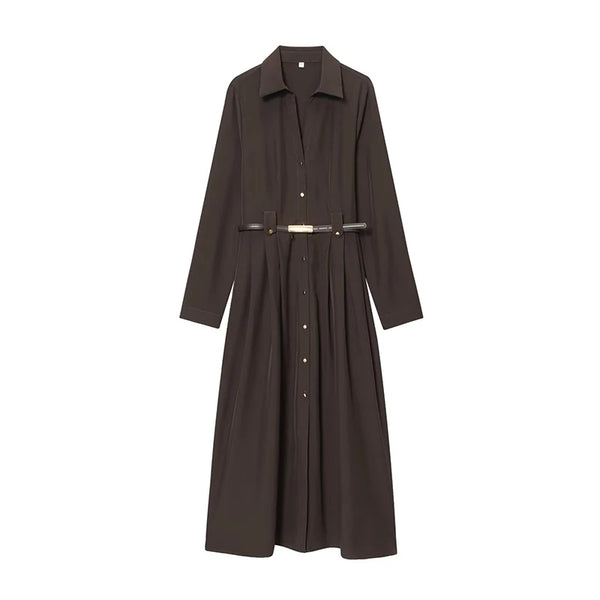 Women Elegant With Belt Long Shirt Dress Front Button Lapel Collar A-line Autumn Dresses Female Vestidos