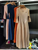 Spring Pleated Women's Bud Dress Round Neck Elegant Mid-Length V Collar Famale Clothing Chic 2DB6618