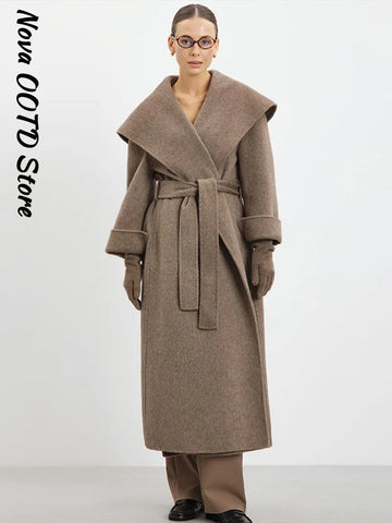 Elegant Shawl Collar Lace Up Long Woolen Coat Women Full Sleeve Belt Lapel Thick Overcoat Autumn Winter Lady Chic Outwear