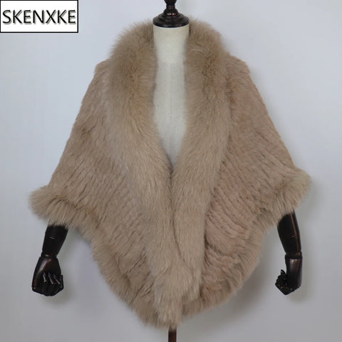 Women 100% Real Rabbit Fur Shawl Scarf With Fox Fur Collar Winter Warm Knitted Rabbit Fur Poncho Girls Party Accessories