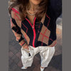 Color Block Argyle Knitted Women Cardigan Oversized Lapel Collar Long Sleeve Sweater Coat Fall Winter Warm Loose Knitwear