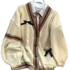 Sweet Bow Decor Knit Cardigan Women V‑Neck Plaid Cable Knit Loose Preppy Style Pink Striped Sweater Coat