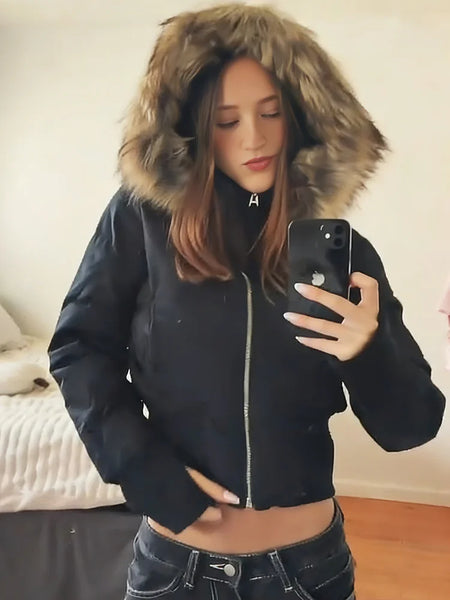 Faux Fur Hooded Cotton Jacket For Women Elegant Long Sleeve Zipper Coat Female Autumn Winter Warm Thicken Outerwear