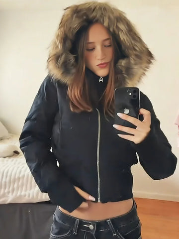 Faux Fur Hooded Cotton Jacket For Women Elegant Long Sleeve Zipper Coat Female Autumn Winter Warm Thicken Outerwear