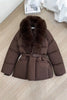 Winter Women Short Puffer Jacket Faux Fur Lapel Collar Waist Belt Design Solid Color Warm Elegant Daily Ladies Outerwear