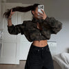 Women's Cropped Coats Camo Printed Hooded Zipper Padded Jacket Autumn Winter Lady Long Sleeve Panelled Loose Coat Outerwears