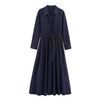 Women With Belt Solid Single Breasted Midi Dress Vintage Lapel Neck Long Sleeves Female Chic Lady Dresses