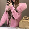 Casual Knit Hoodie Cardigan Women Long Sleeves Zipper Faux Fur Patchwork Coats Female Autumn Winter Solid Thick Knitwears