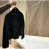 Black Sequined Jacket Lapel Neck Dull Sleeve Zipper Pocket Coat Spring Autumn Female High Street England Style Outewear