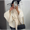 Chic Solid Woolen Cropped Cloak Coats With Belt Women Autumn Stand Collar Long Sleeve Jacket Elegant Street Outerwear