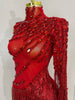 Sparkly Rhinestones Tassel Sexy See-Through Dress Women One Shoulder Latin Dance Outfits Bars Nightclub Party Stage Costume