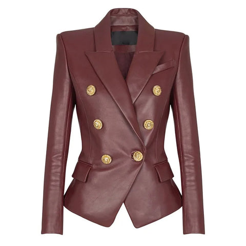 Designer Blazer Women's Double Breasted Lion Buttons Artificial Leather Blazer