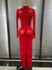 Sparkly Crystal Women Long Sleeve Sexy Mesh See Through Bodycon Long Dress Bar Singer Celebrate Performance Costumes Stage Wear