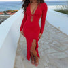 V-Neck Long Sleeve Slim Side Slit Mesh Patchwork Long Dress Women'S Solid Sexy Elegant Clothes Party Club Autumn Outfit