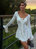 Women's Elegant Casual Dress Spring Deep V Neck Flared Sleeve Ruffled Lace Pleated Short Dress