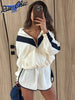 Contrasting Color Loose Jackets Women Casual Long Sleeves Stand Collar Zipper Oversized Coats Lady Autumn Daily Street Wear