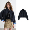 Women Slub Cotton Jackets Spring Cropped Tulip Silhouette Striped Cuff - Turn Up Stand Collar Tops
