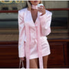 Scarf Ribbon Jacket Skirts Suit Women Chic V-Neck Button Slim Jackets A-line Mini Skirt Sets High Street Lady 2 Piece Set
