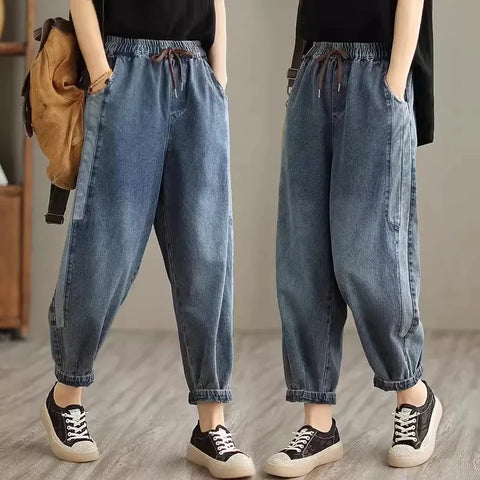 High waisted Women's Jeans Spring Autumn Loose Splicing Elastic waist Harem pants Women Casual Denim Nine points Pants