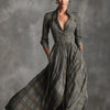 Women Plaid Shirt Dress V Neck Single Breasted Split Asymmetrical Hem Pocket Maxi Dress Ladies Elegant Casual Vintage Long Dress