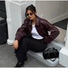 Wine Red Pu Leather Long Sleeve Lapel Collar Zipper Jackets Women Loose Short Coats Female Autumn Office Daily Wear