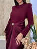 Sexy Evening Party Black Color Midi Dress for Women O Neck Long Sleeve Pachwork Metal Buckle Folds Bodycon Dresses Female