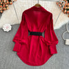 Spring Office Lady Shirt Dress Women Long Lantern Sleeve Sashes Waist Robe Femme Single Breasted Short Dresses