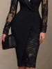 Sexy Deep V-neck Women Dress Black Sheer Lace Splicing Long Sleeve Dress Lapel Collar Slim Elegant Commuting Party Dresses