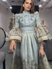 Women Puff Sleeve Dress Retro Floral Lace Dresses Ruffle Tiered Belted Clothes Waist Bohemian Holiday Maxi Gown Semmer Wear