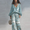 Women's Boho Paisley Print Two-Piece Set Sexy Deep V-Neck Long Sleeve Blouse Top Wide Leg Pants Casual Loose Suit for Vacation
