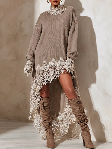 Women High Neck Lace Patchwork Knit Dress Long Sleeve Oversized Asymmetrical High Low Hem Ribbed Dress Casual Fall Winter