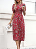 Women's Floral Print Puff Sleeve Dress, Round Neck Waist Tie Design, Boho Style Woven Fabric, All Season Wearable