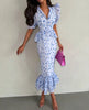 Women White Floral Print Puff Sleeve Blazer Collar Peplum Mermaid Midi Dress Elegant Casual Gown Bridesmaid Wedding Sundress