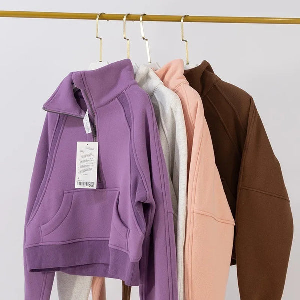 Thickened High-Neck Sweatshirt for Women, Sports Half-Zip Loose Jacket, Long-Sleeve Running Fitness Yoga Wear