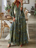 European and American Bohemian Style Flared Sleeve Print V-Neck High Waisted Vacation Dress Floral Women's Long Skirt